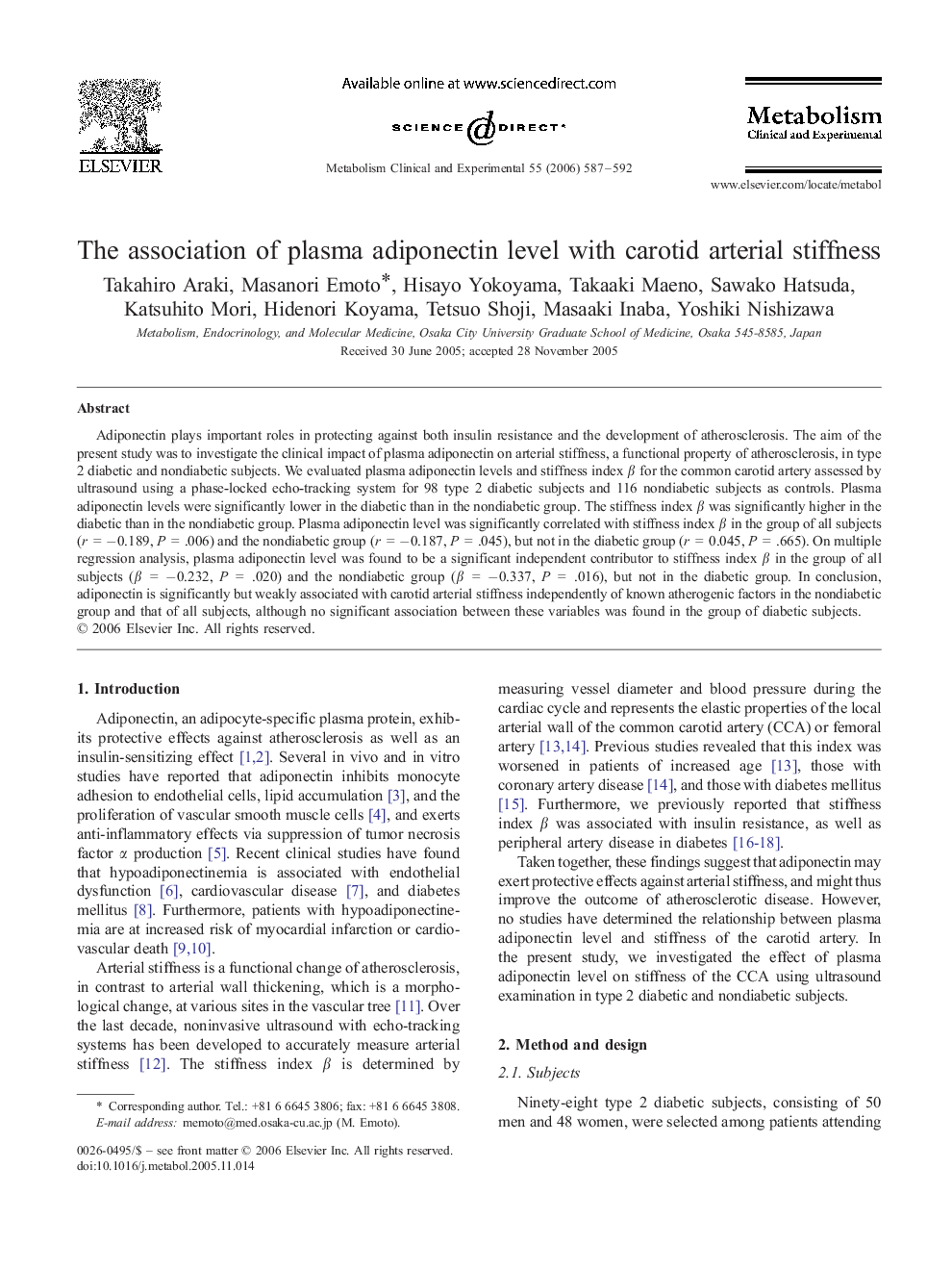 عکس صفحه اول مقاله: The association of plasma adiponectin level with carotid arterial stiffness The association of plasma adiponectin level with carotid arterial stiffness