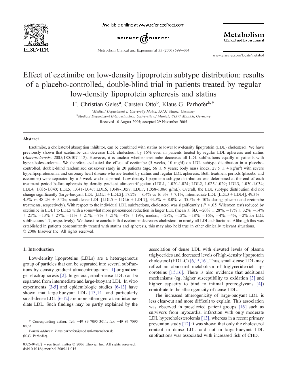 Effect of ezetimibe on low-density lipoprotein subtype distribution: results of a placebo-controlled, double-blind trial in patients treated by regular low-density lipoprotein apheresis and statins