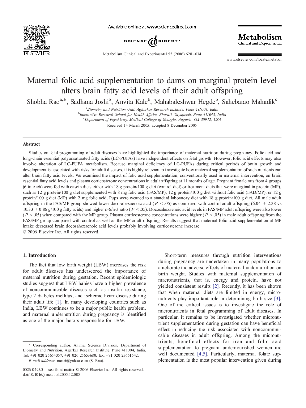 Maternal folic acid supplementation to dams on marginal protein level alters brain fatty acid levels of their adult offspring