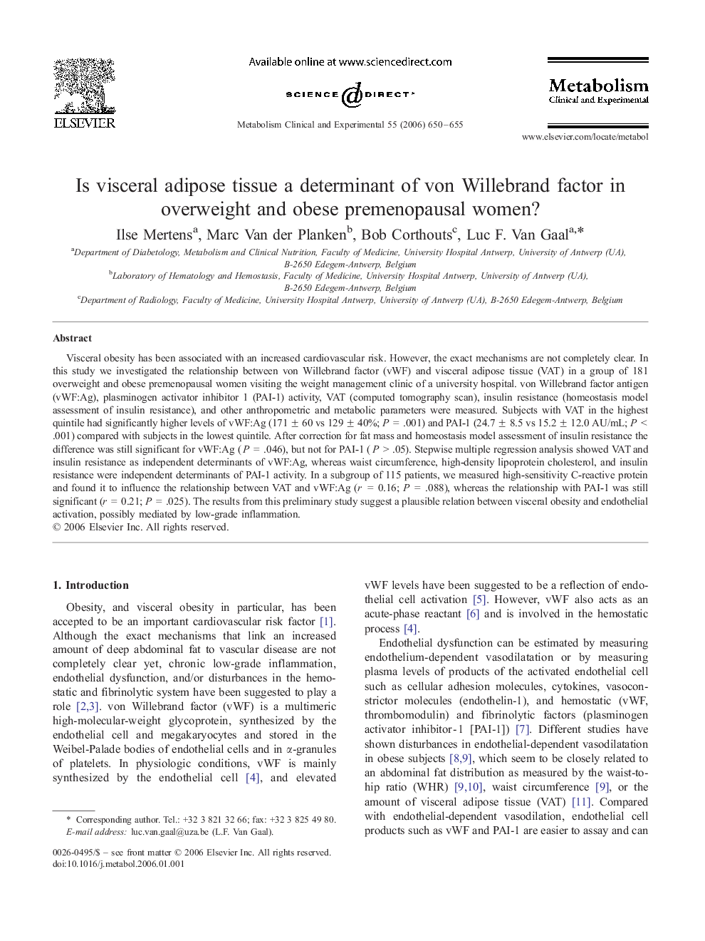 عکس صفحه اول مقاله: Is visceral adipose tissue a determinant of von Willebrand factor in overweight and obese premenopausal women? Is visceral adipose tissue a determinant of von Willebrand factor in overweight and obese premenopausal women?