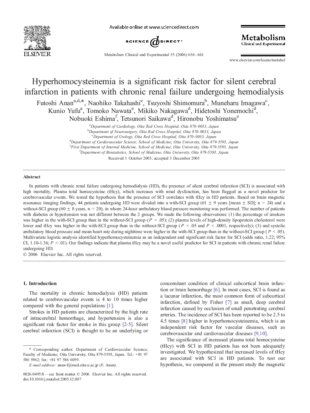 Hyperhomocysteinemia is a significant risk factor for silent cerebral infarction in patients with chronic renal failure undergoing hemodialysis