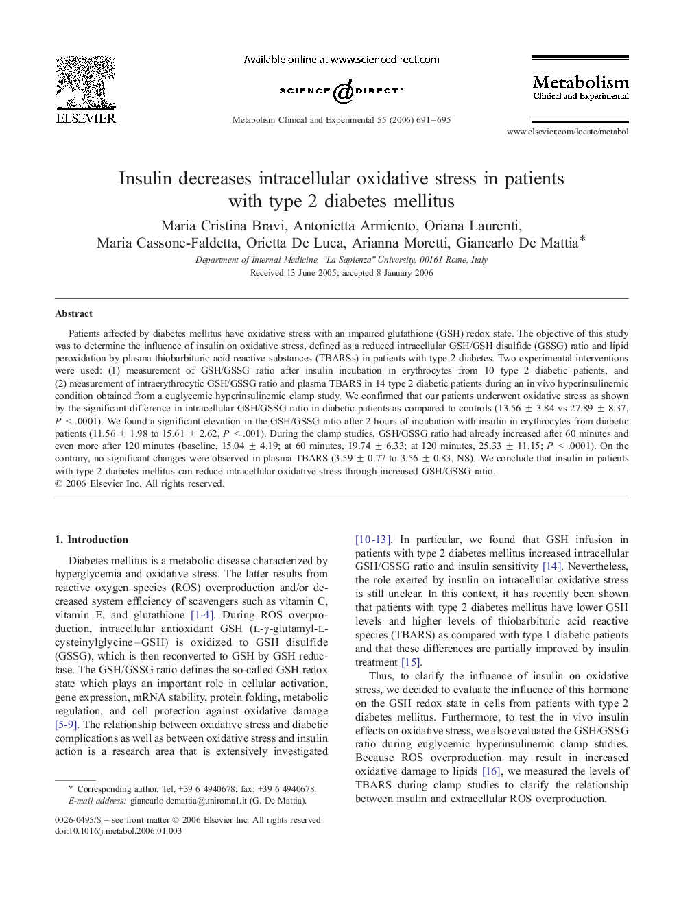 Insulin decreases intracellular oxidative stress in patients with type 2 diabetes mellitus