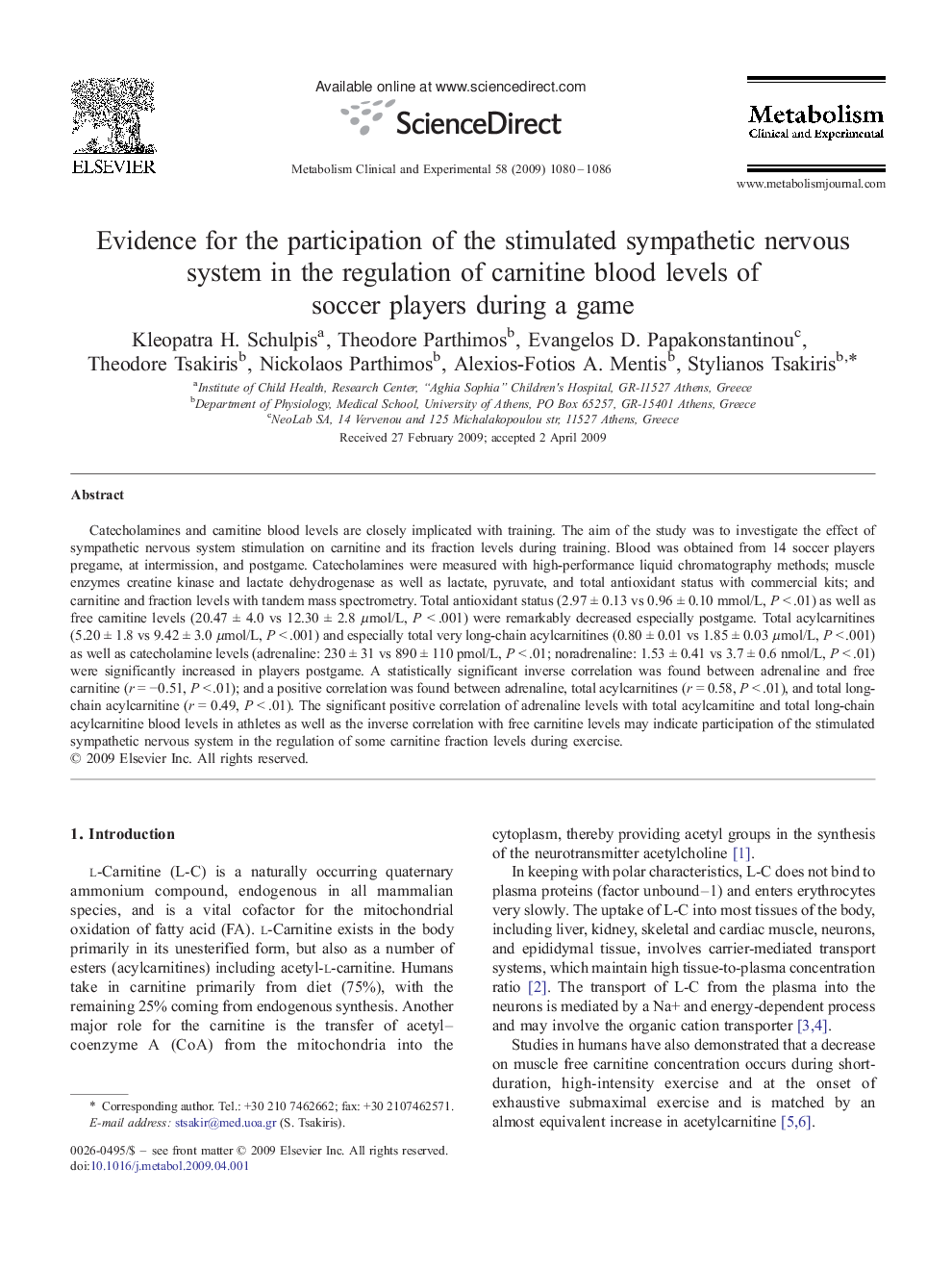 Evidence for the participation of the stimulated sympathetic nervous system in the regulation of carnitine blood levels of soccer players during a game