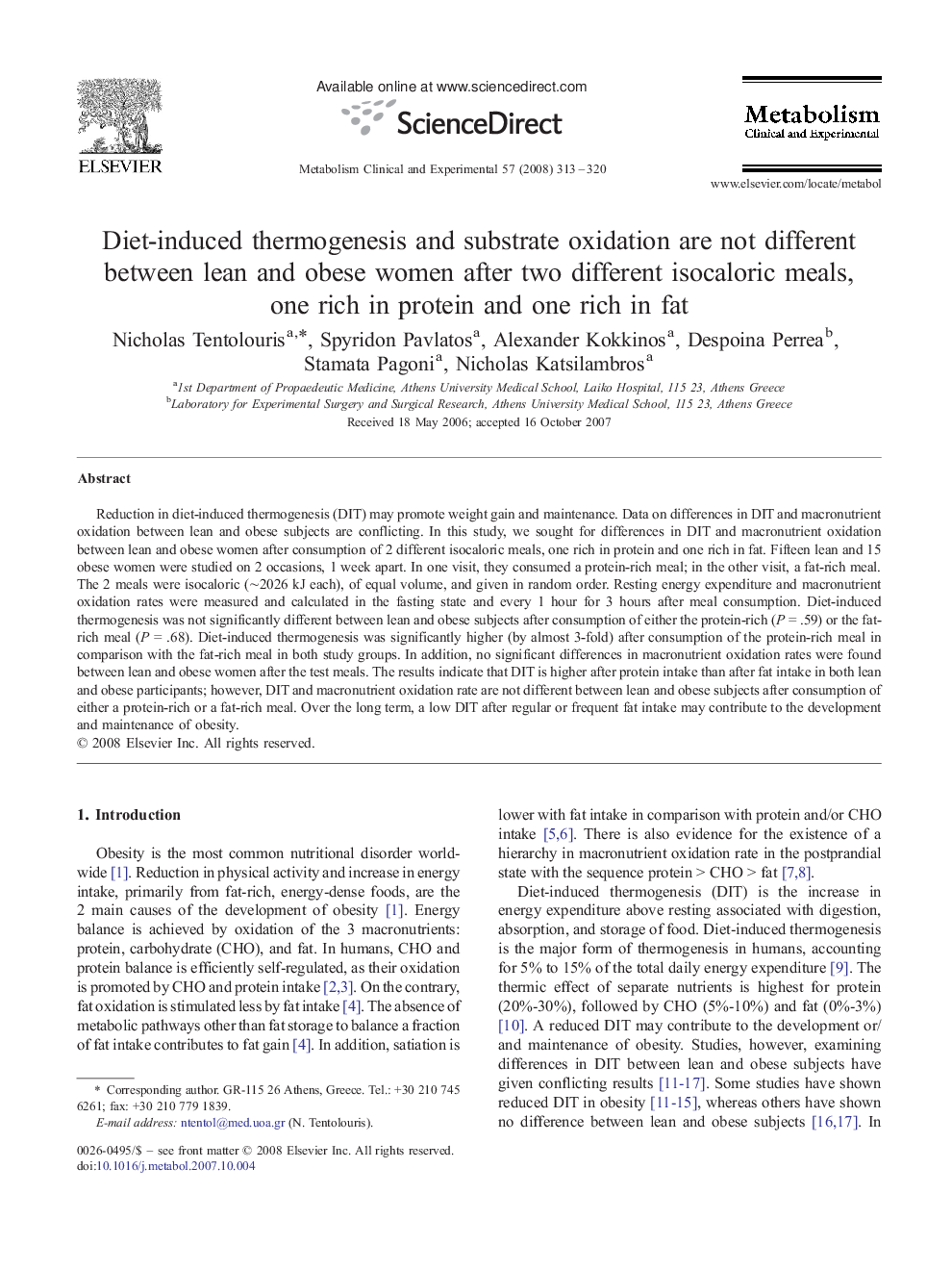 Diet-induced thermogenesis and substrate oxidation are not different between lean and obese women after two different isocaloric meals, one rich in protein and one rich in fat