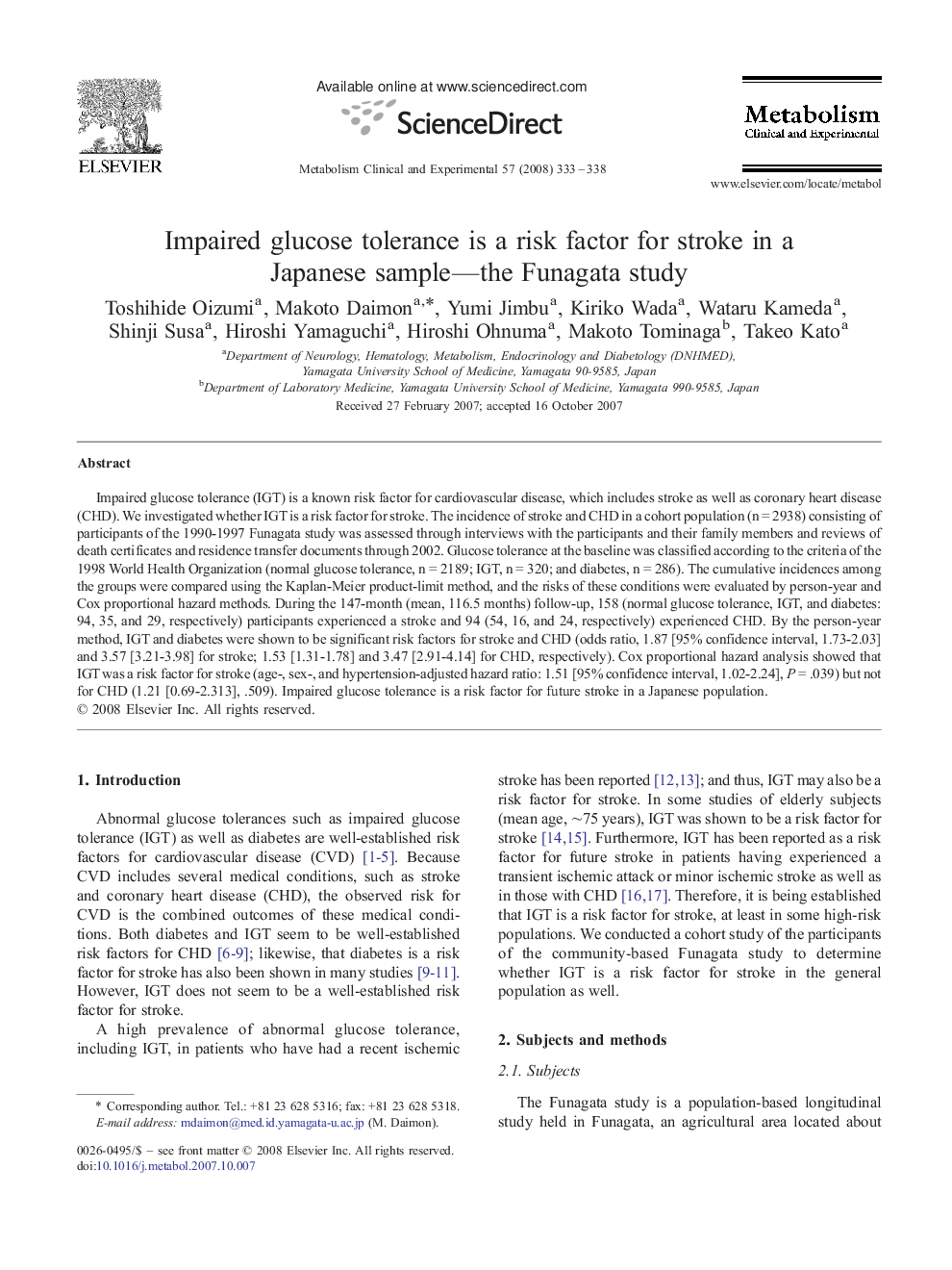 Impaired glucose tolerance is a risk factor for stroke in a Japanese sample—the Funagata study