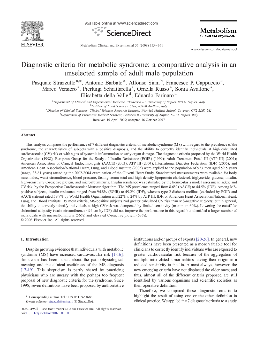 Diagnostic criteria for metabolic syndrome: a comparative analysis in an unselected sample of adult male population