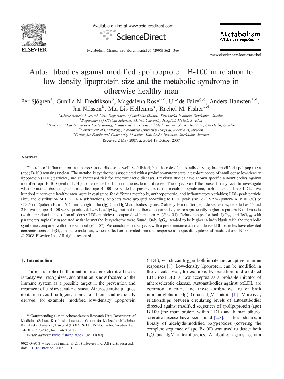 Autoantibodies against modified apolipoprotein B-100 in relation to low-density lipoprotein size and the metabolic syndrome in otherwise healthy men