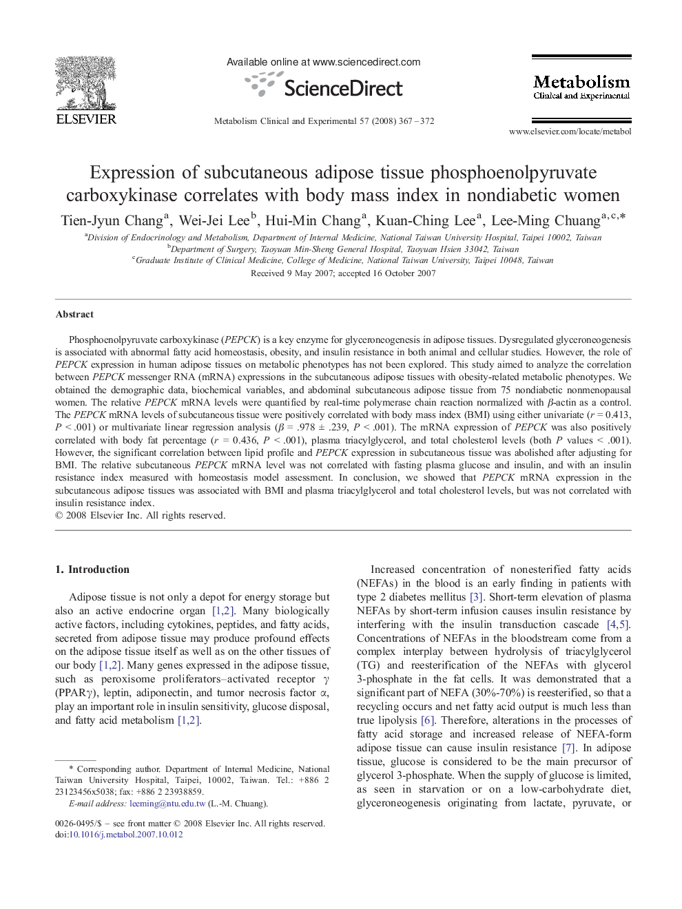 Expression of subcutaneous adipose tissue phosphoenolpyruvate carboxykinase correlates with body mass index in nondiabetic women
