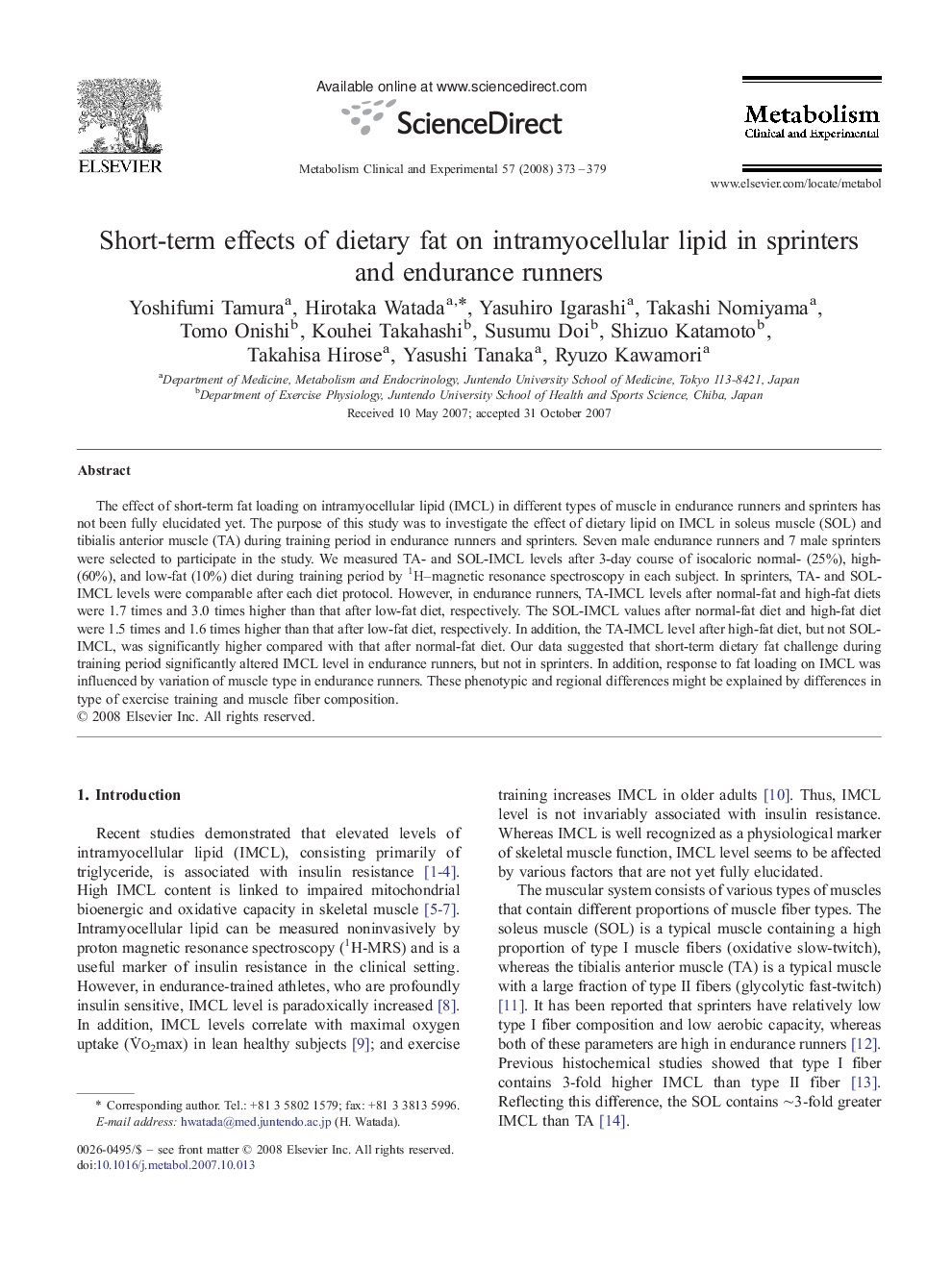 Short-term effects of dietary fat on intramyocellular lipid in sprinters and endurance runners