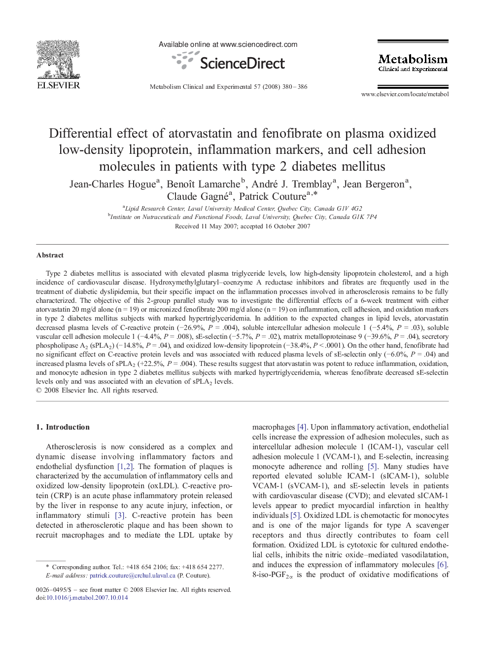 Differential effect of atorvastatin and fenofibrate on plasma oxidized low-density lipoprotein, inflammation markers, and cell adhesion molecules in patients with type 2 diabetes mellitus