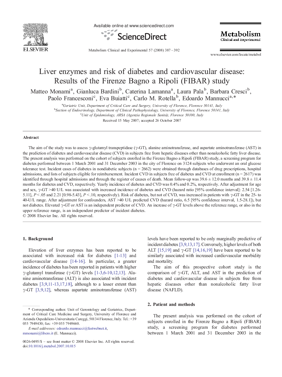 Liver enzymes and risk of diabetes and cardiovascular disease: Results of the Firenze Bagno a Ripoli (FIBAR) study