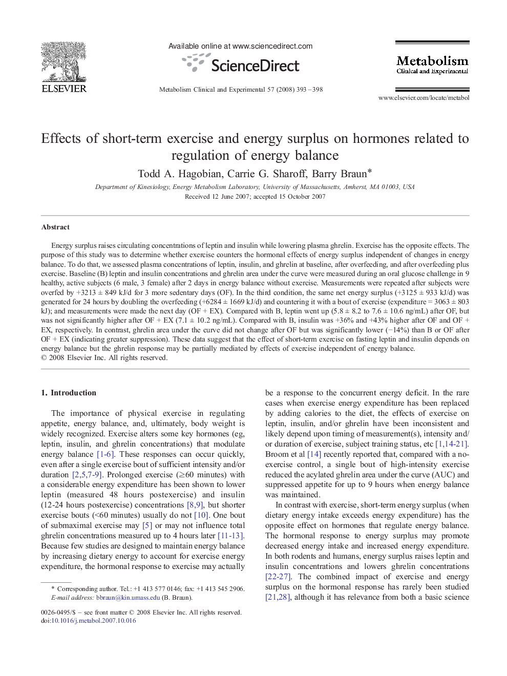 Effects of short-term exercise and energy surplus on hormones related to regulation of energy balance
