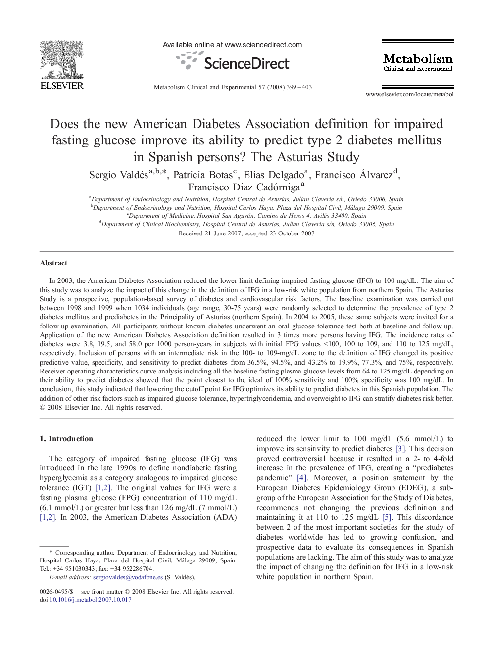 Does the new American Diabetes Association definition for impaired fasting glucose improve its ability to predict type 2 diabetes mellitus in Spanish persons? The Asturias Study