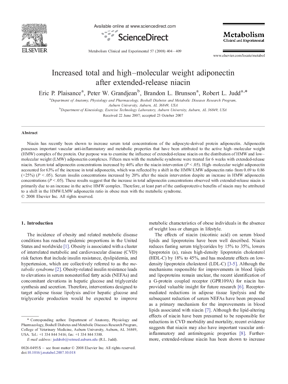 Increased total and high-molecular weight adiponectin after extended-release niacin