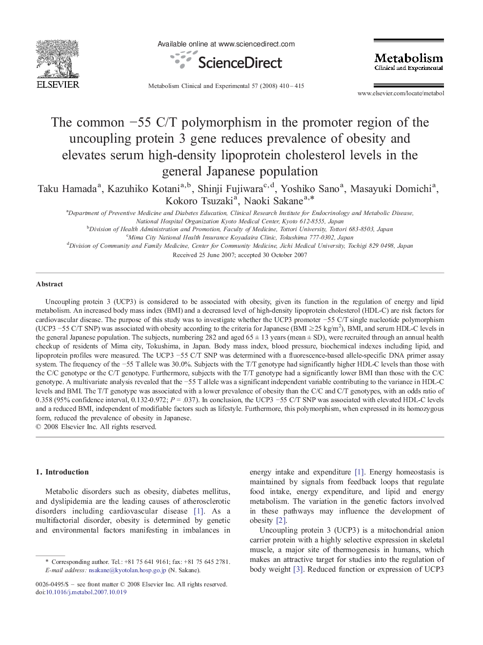 The common â55 C/T polymorphism in the promoter region of the uncoupling protein 3 gene reduces prevalence of obesity and elevates serum high-density lipoprotein cholesterol levels in the general Japanese population