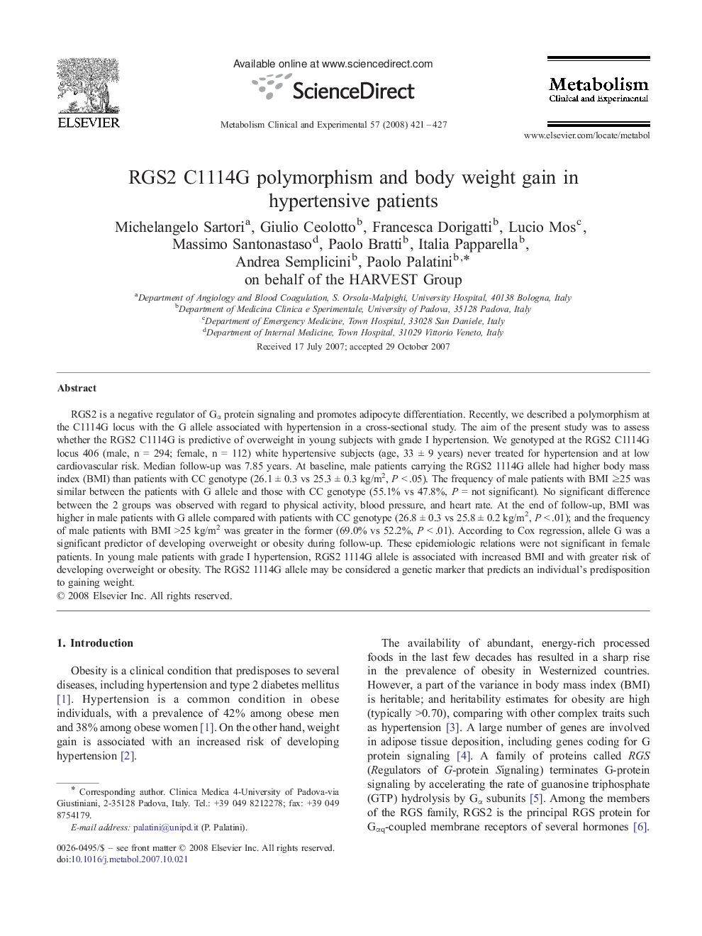RGS2 C1114G polymorphism and body weight gain in hypertensive patients