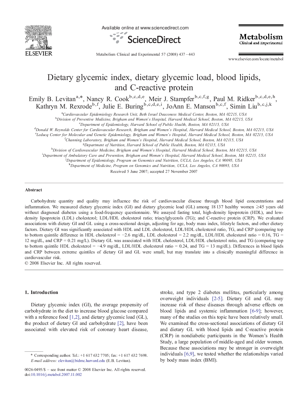 Dietary glycemic index, dietary glycemic load, blood lipids, and C-reactive protein