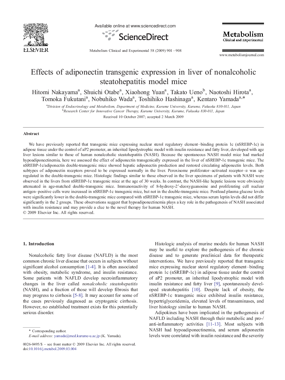 Effects of adiponectin transgenic expression in liver of nonalcoholic steatohepatitis model mice