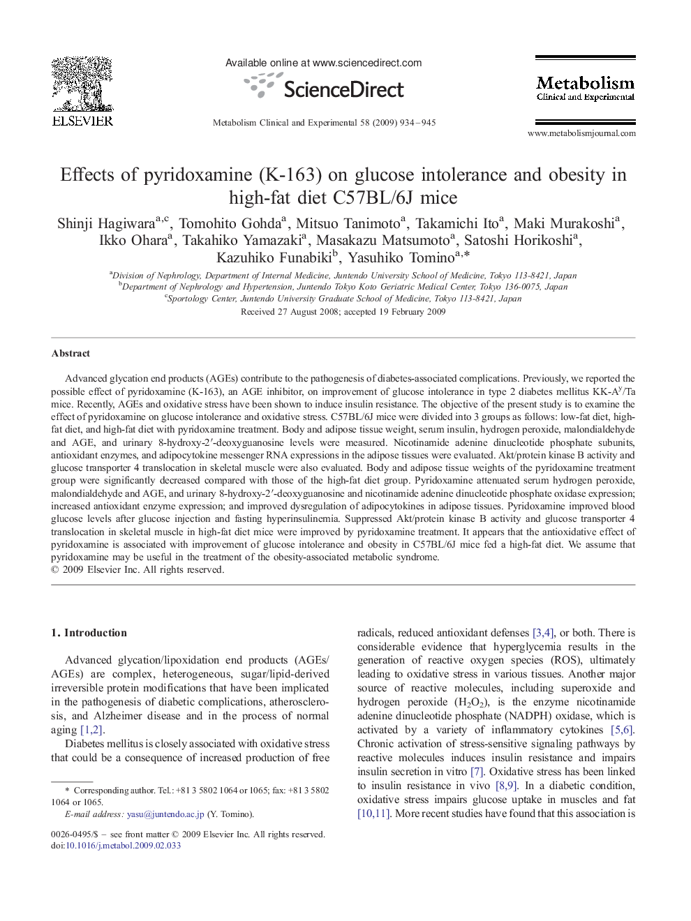 Effects of pyridoxamine (K-163) on glucose intolerance and obesity in high-fat diet C57BL/6J mice