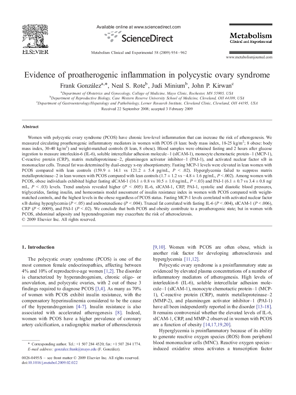Evidence of proatherogenic inflammation in polycystic ovary syndrome