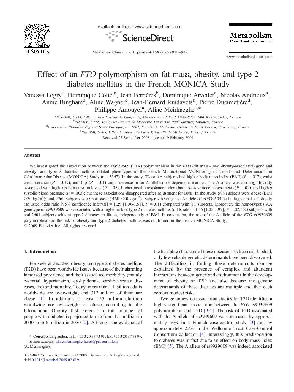 Effect of an FTO polymorphism on fat mass, obesity, and type 2 diabetes mellitus in the French MONICA Study