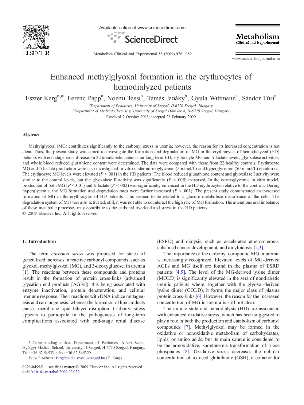 Enhanced methylglyoxal formation in the erythrocytes of hemodialyzed patients