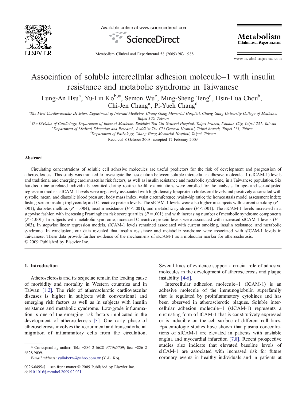 Association of soluble intercellular adhesion molecule–1 with insulin resistance and metabolic syndrome in Taiwanese