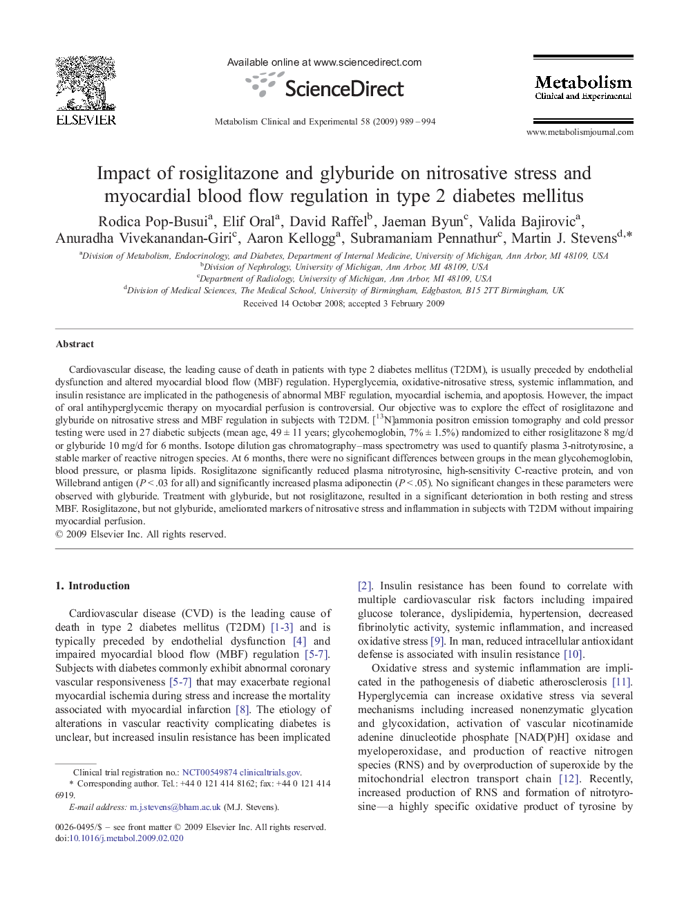 Impact of rosiglitazone and glyburide on nitrosative stress and myocardial blood flow regulation in type 2 diabetes mellitus