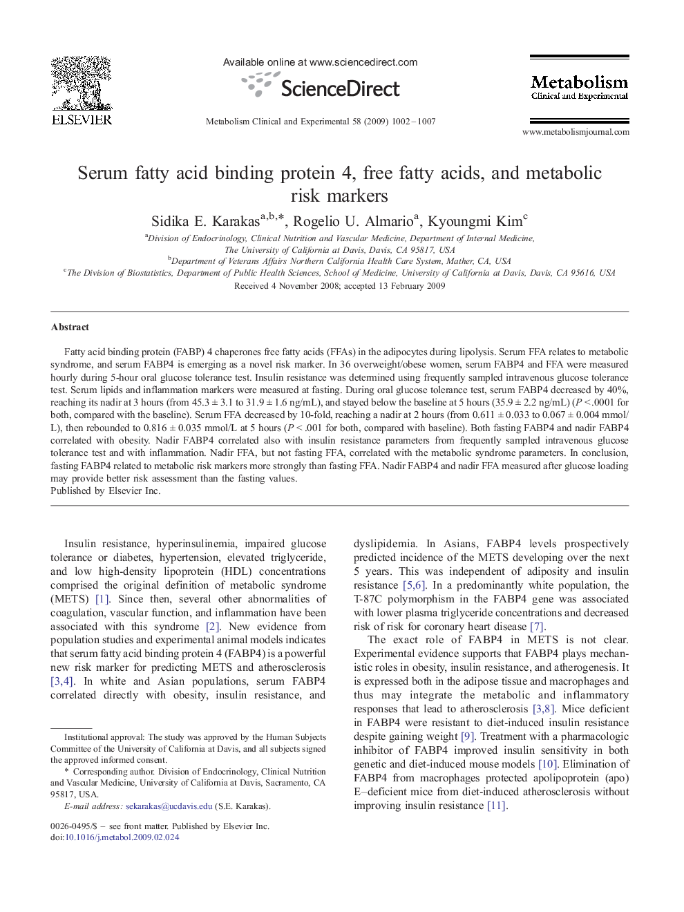 Serum fatty acid binding protein 4, free fatty acids, and metabolic risk markers 