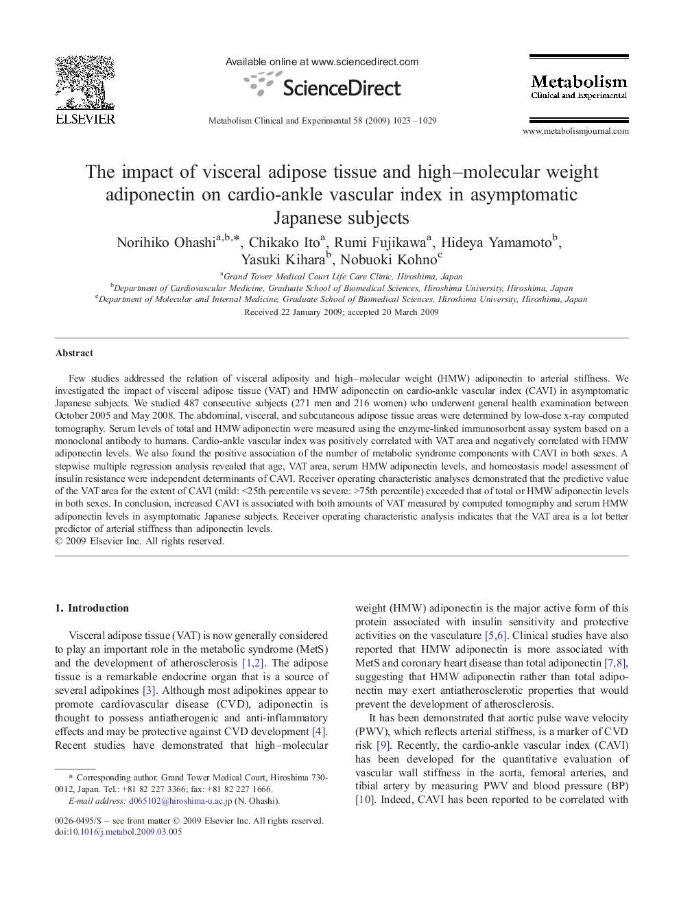 The impact of visceral adipose tissue and high–molecular weight adiponectin on cardio-ankle vascular index in asymptomatic Japanese subjects
