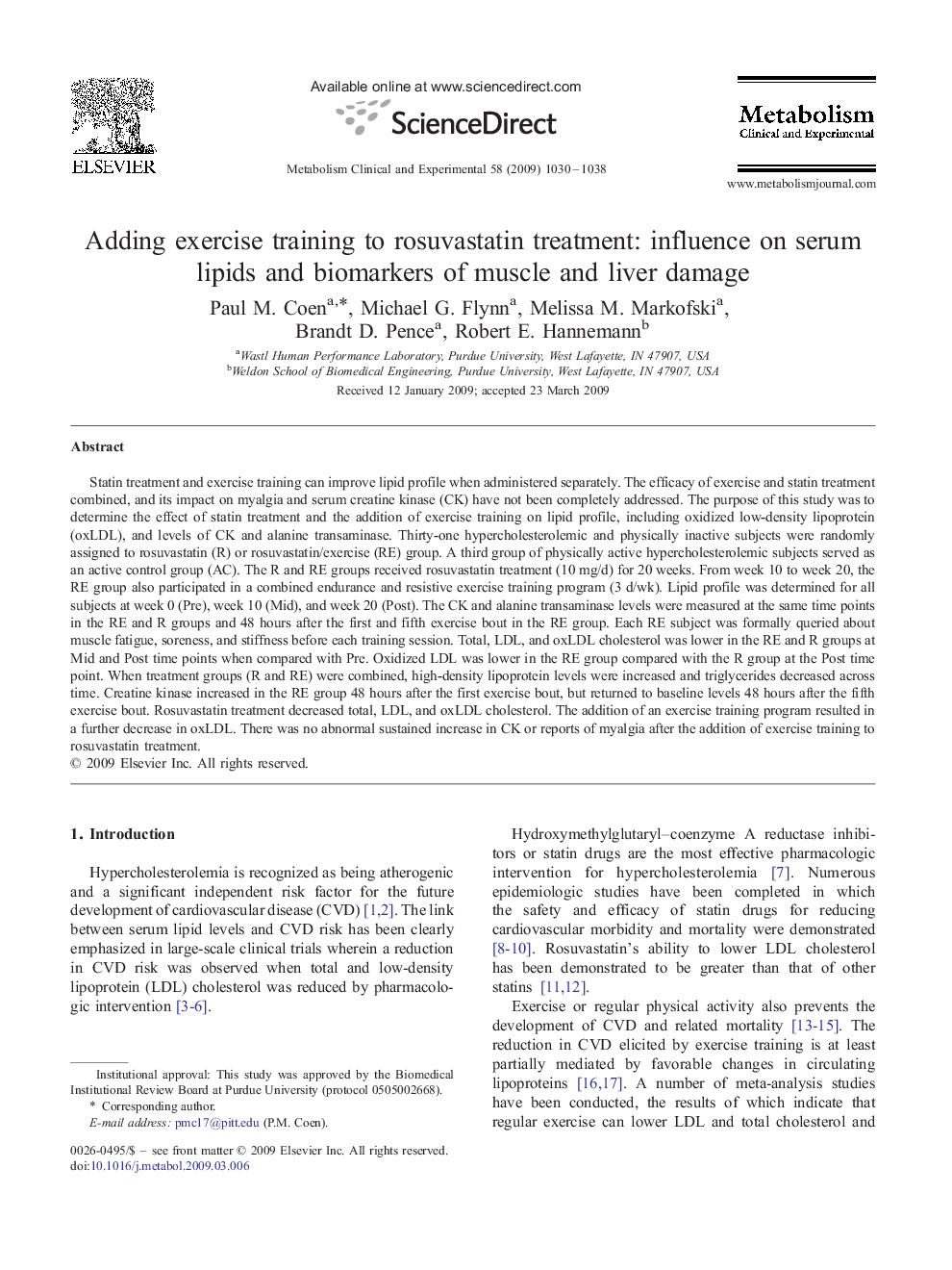 Adding exercise training to rosuvastatin treatment: influence on serum lipids and biomarkers of muscle and liver damage 