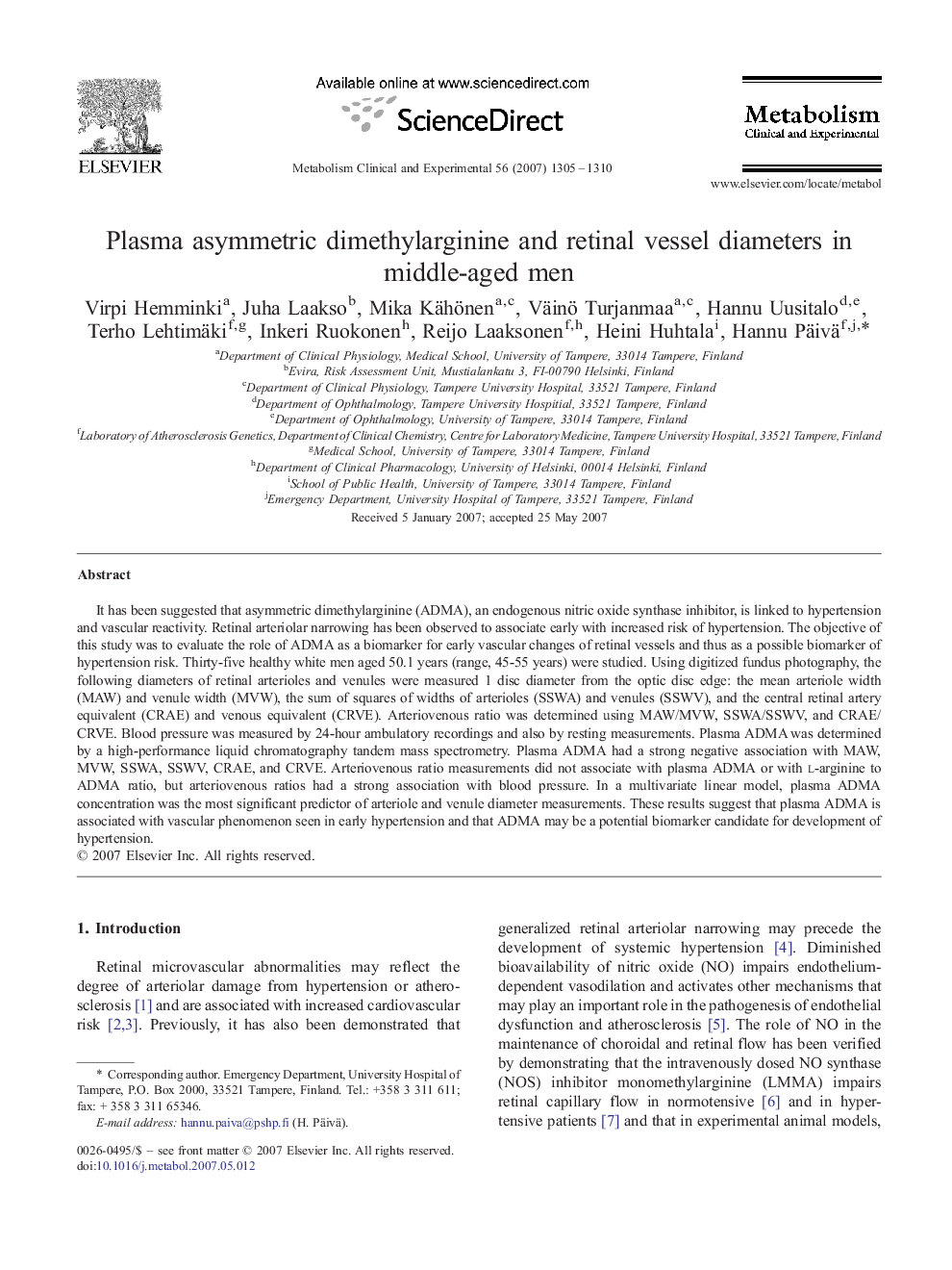 Plasma asymmetric dimethylarginine and retinal vessel diameters in middle-aged men