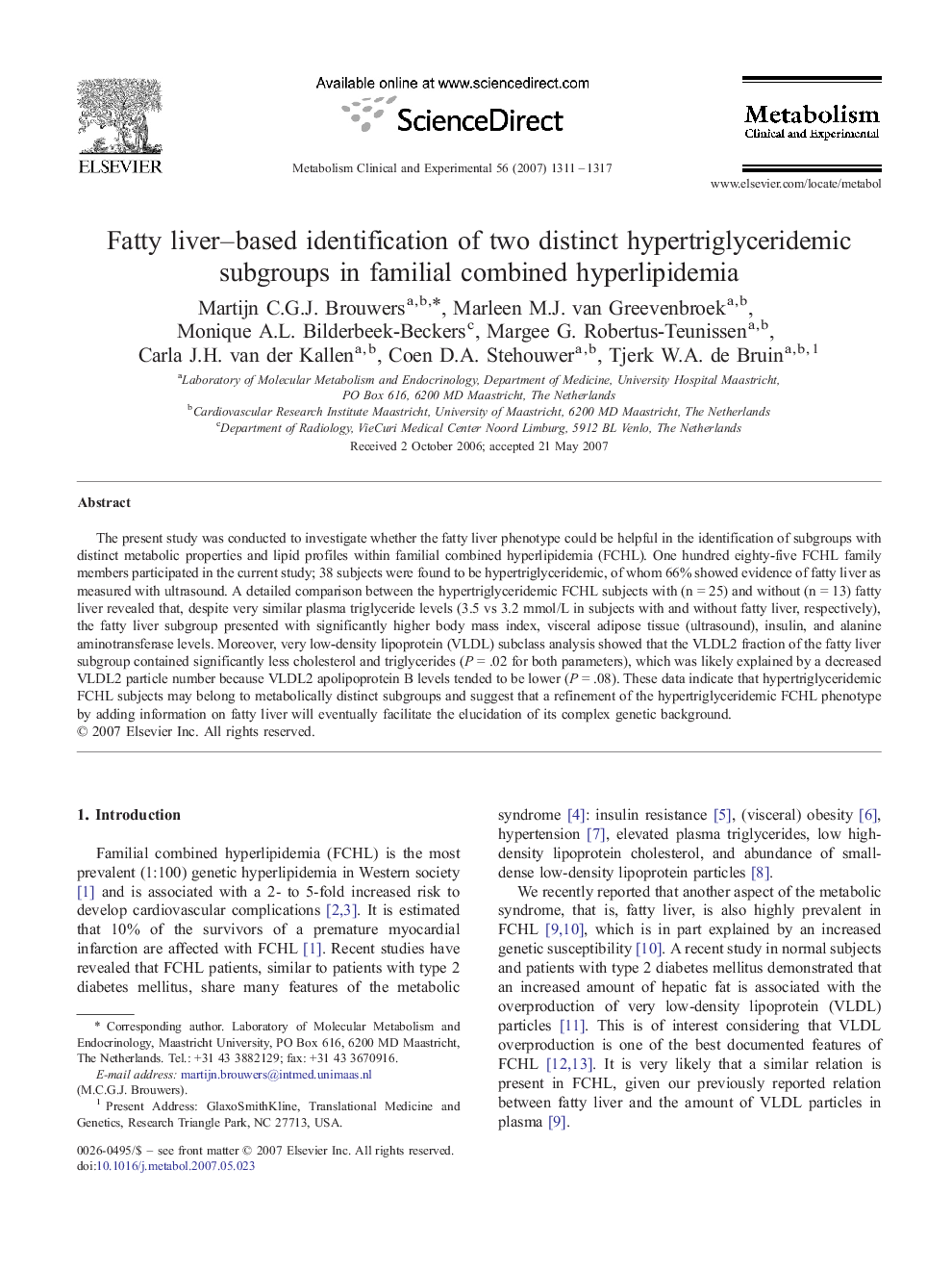 Fatty liver–based identification of two distinct hypertriglyceridemic subgroups in familial combined hyperlipidemia