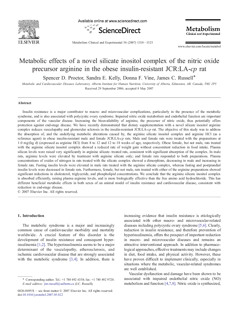 Metabolic effects of a novel silicate inositol complex of the nitric oxide precursor arginine in the obese insulin-resistant JCR:LA-cp rat