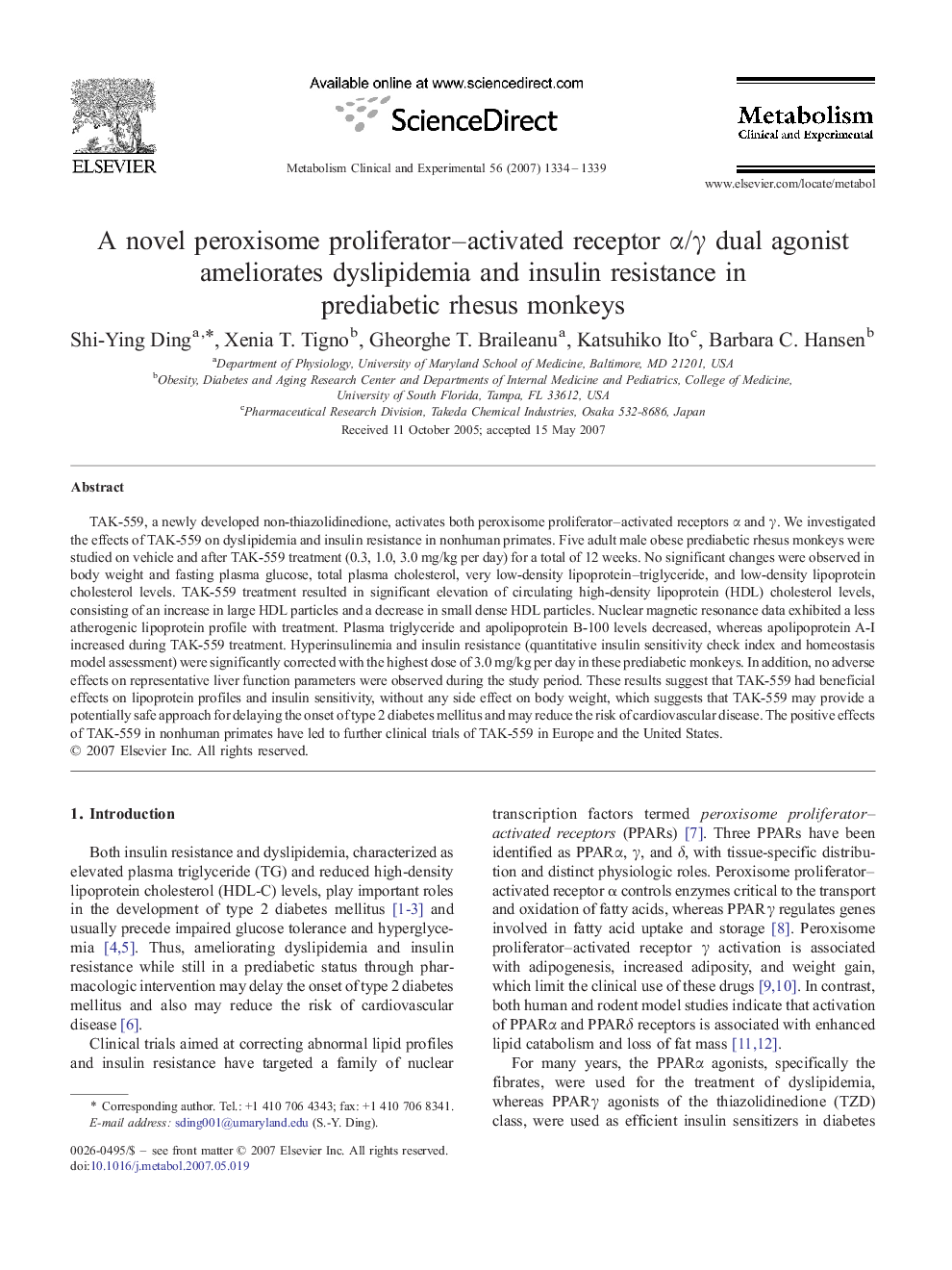 A novel peroxisome proliferator–activated receptor α/γ dual agonist ameliorates dyslipidemia and insulin resistance in prediabetic rhesus monkeys