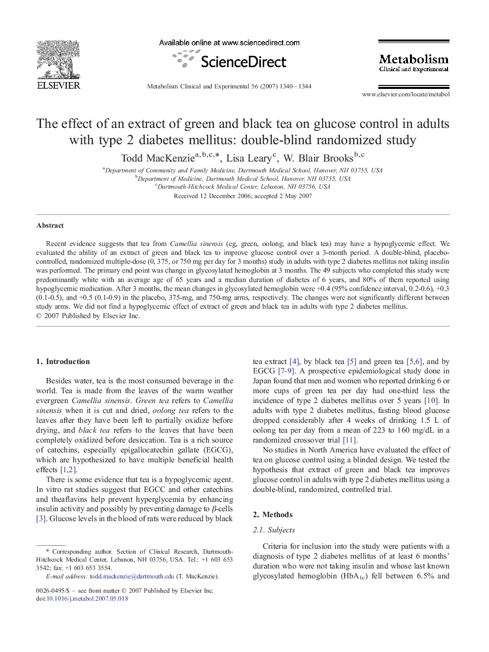 The effect of an extract of green and black tea on glucose control in adults with type 2 diabetes mellitus: double-blind randomized study