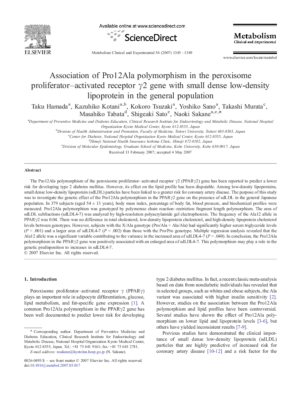 Association of Pro12Ala polymorphism in the peroxisome proliferator–activated receptor γ2 gene with small dense low-density lipoprotein in the general population