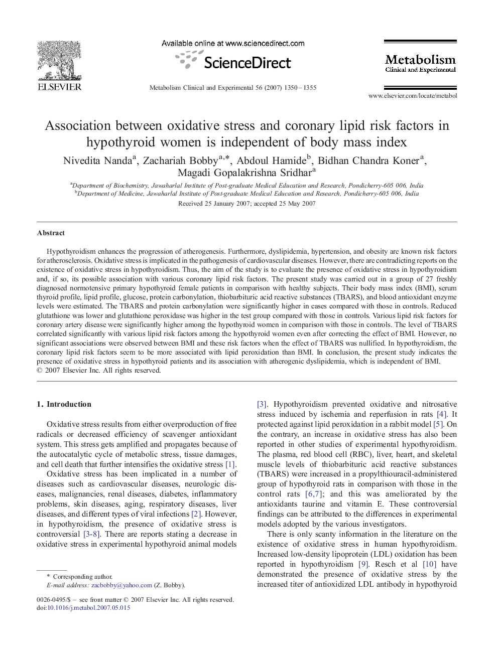 Association between oxidative stress and coronary lipid risk factors in hypothyroid women is independent of body mass index