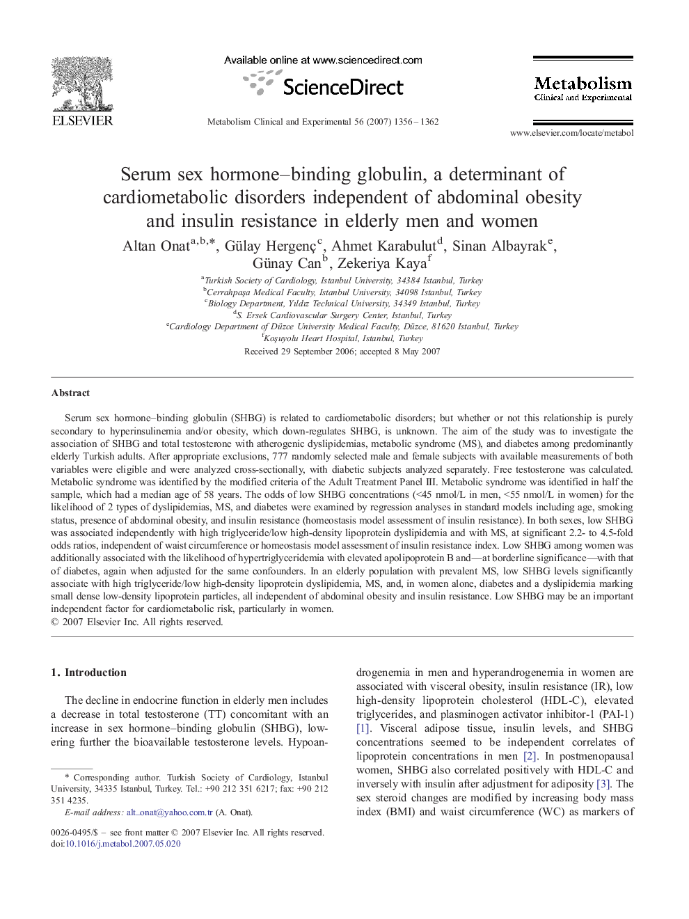 Serum sex hormone–binding globulin, a determinant of cardiometabolic disorders independent of abdominal obesity and insulin resistance in elderly men and women