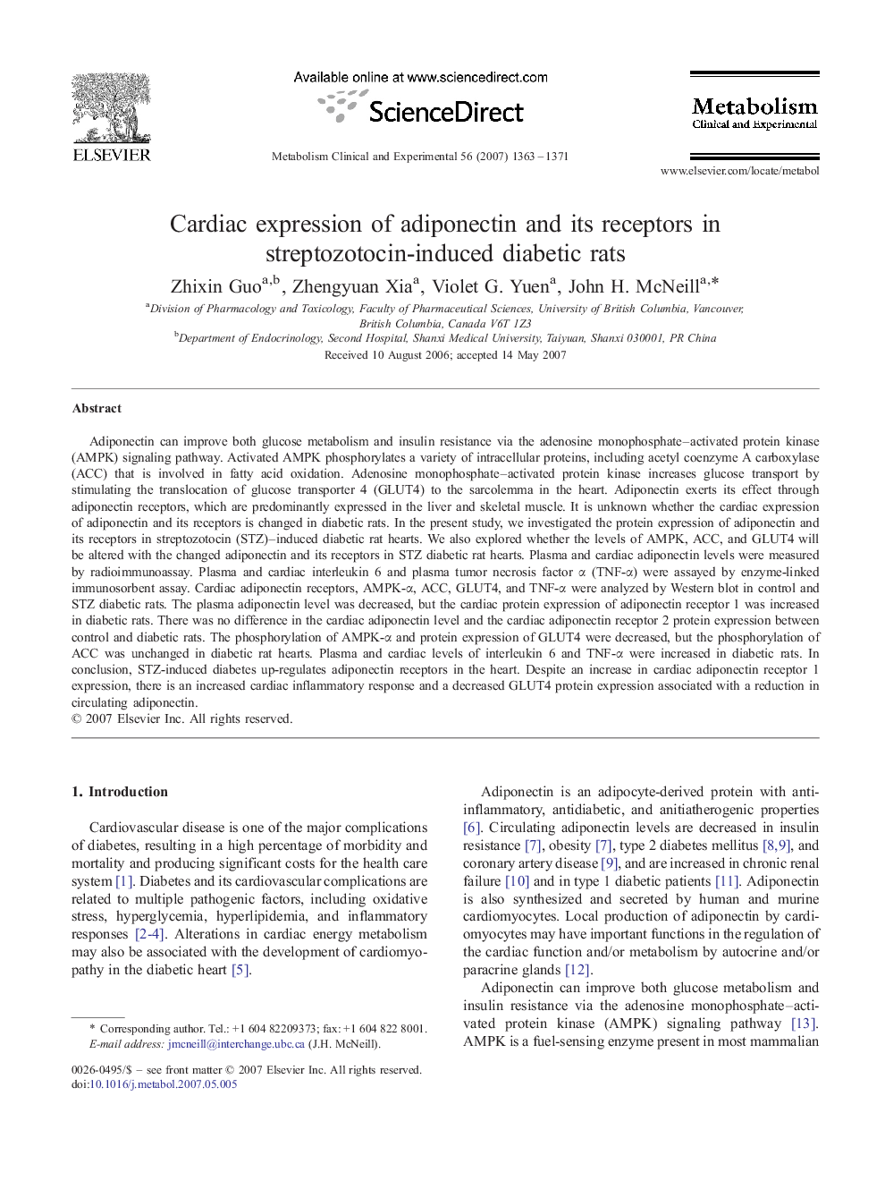 Cardiac expression of adiponectin and its receptors in streptozotocin-induced diabetic rats