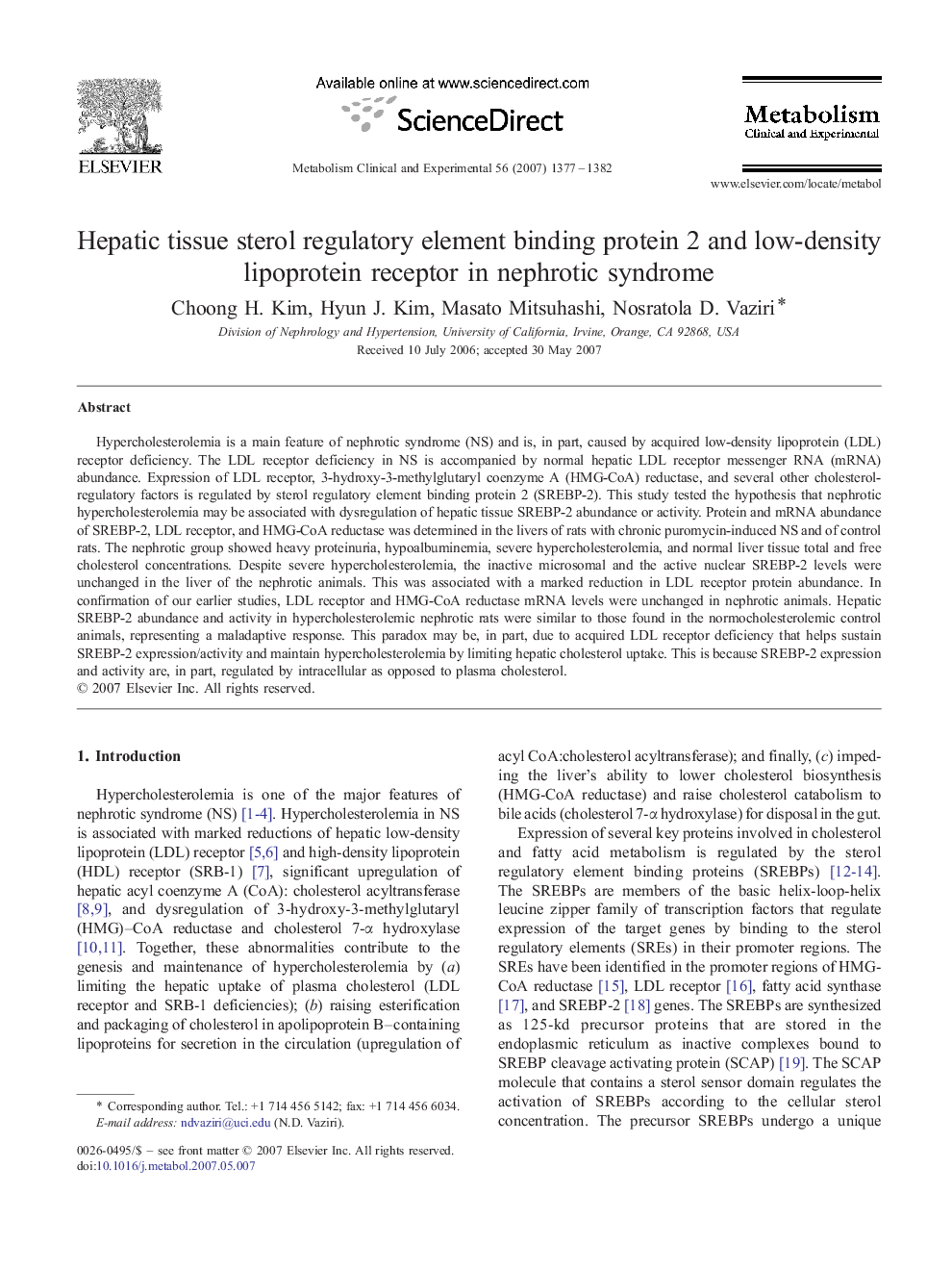Hepatic tissue sterol regulatory element binding protein 2 and low-density lipoprotein receptor in nephrotic syndrome