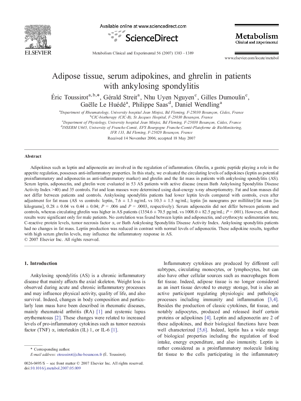 Adipose tissue, serum adipokines, and ghrelin in patients with ankylosing spondylitis