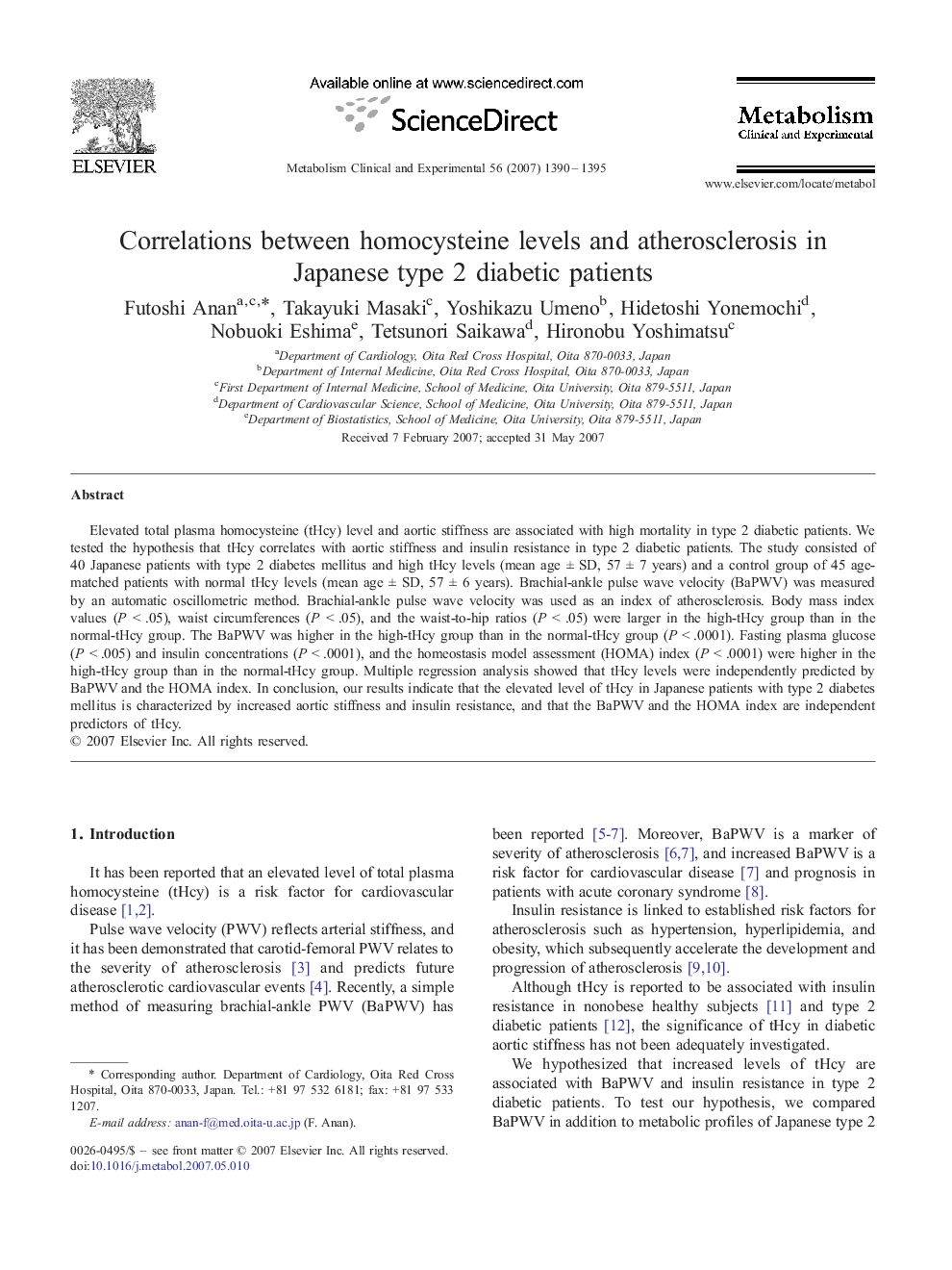 Correlations between homocysteine levels and atherosclerosis in Japanese type 2 diabetic patients