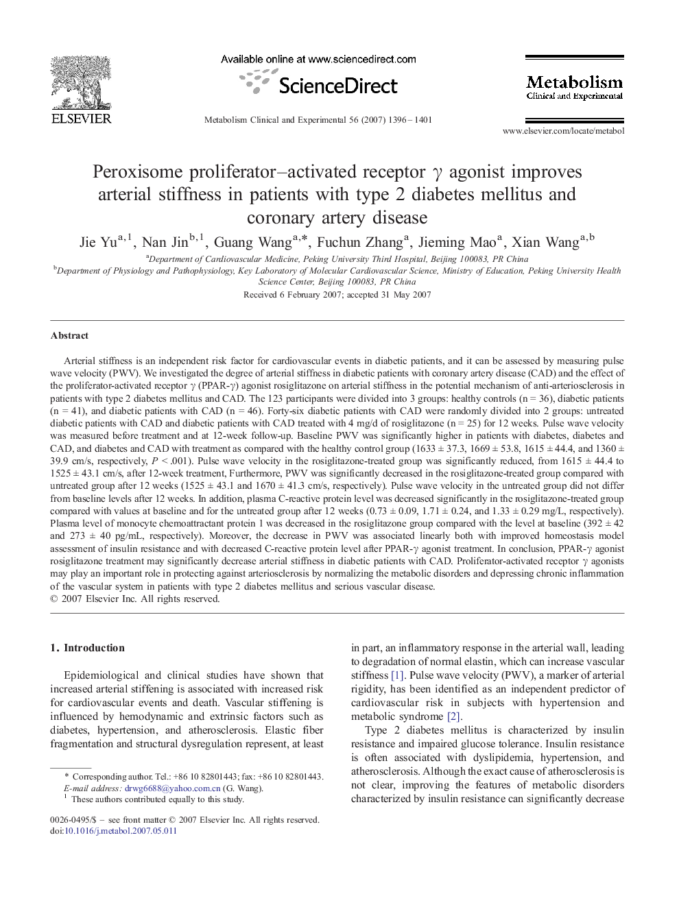 Peroxisome proliferator–activated receptor γ agonist improves arterial stiffness in patients with type 2 diabetes mellitus and coronary artery disease