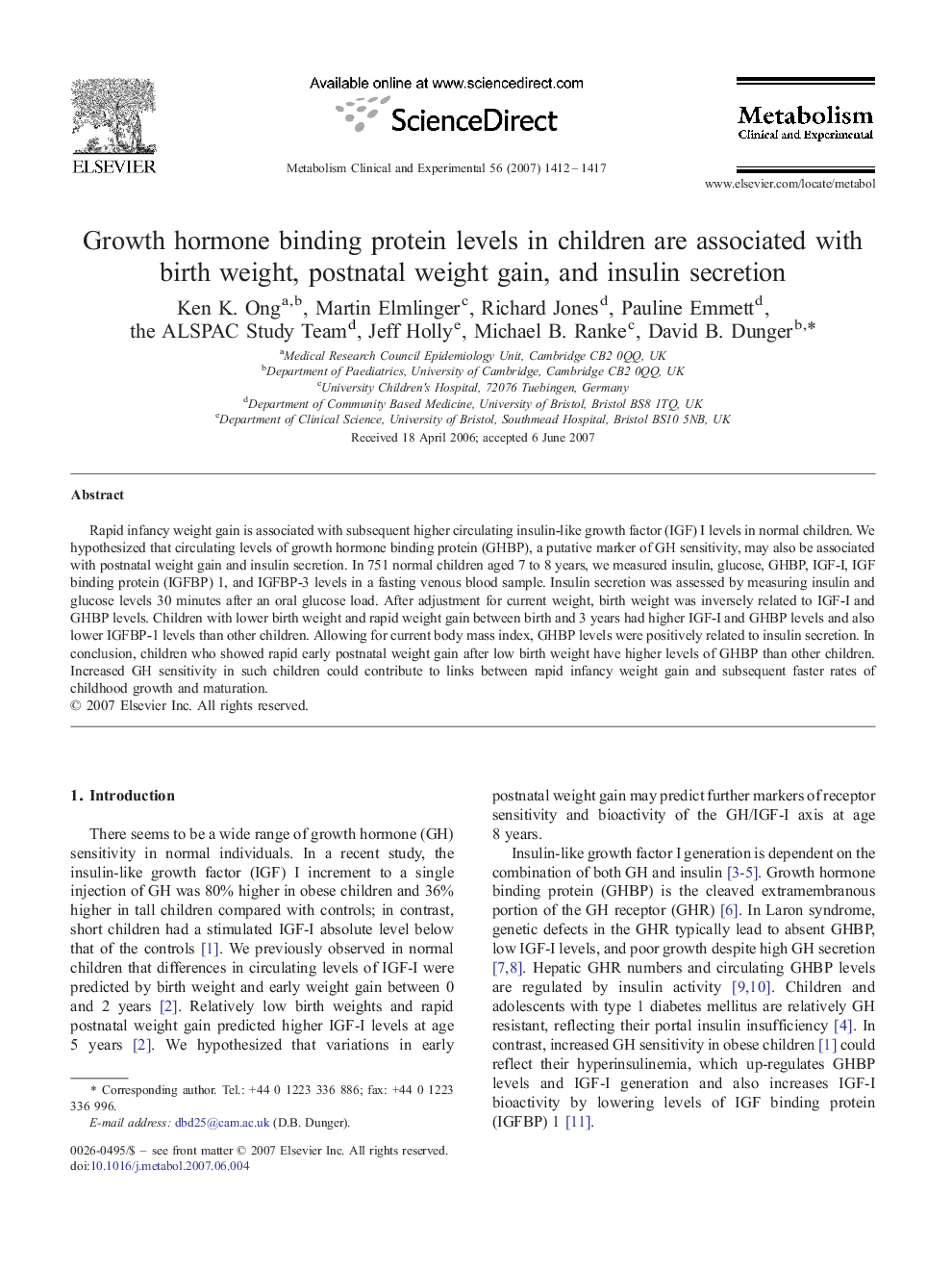 Growth hormone binding protein levels in children are associated with birth weight, postnatal weight gain, and insulin secretion