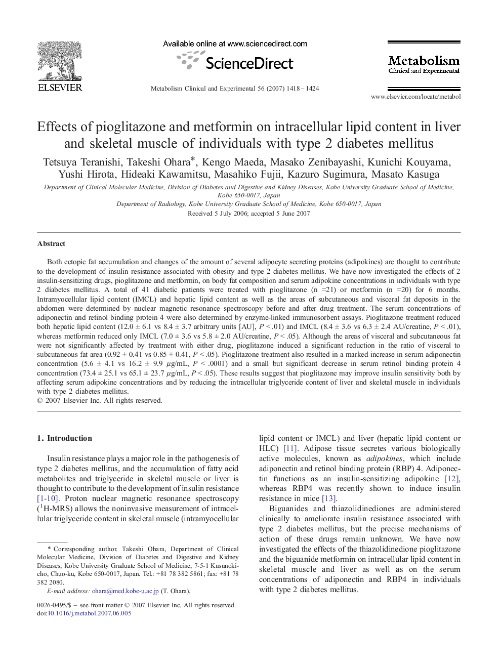 Effects of pioglitazone and metformin on intracellular lipid content in liver and skeletal muscle of individuals with type 2 diabetes mellitus