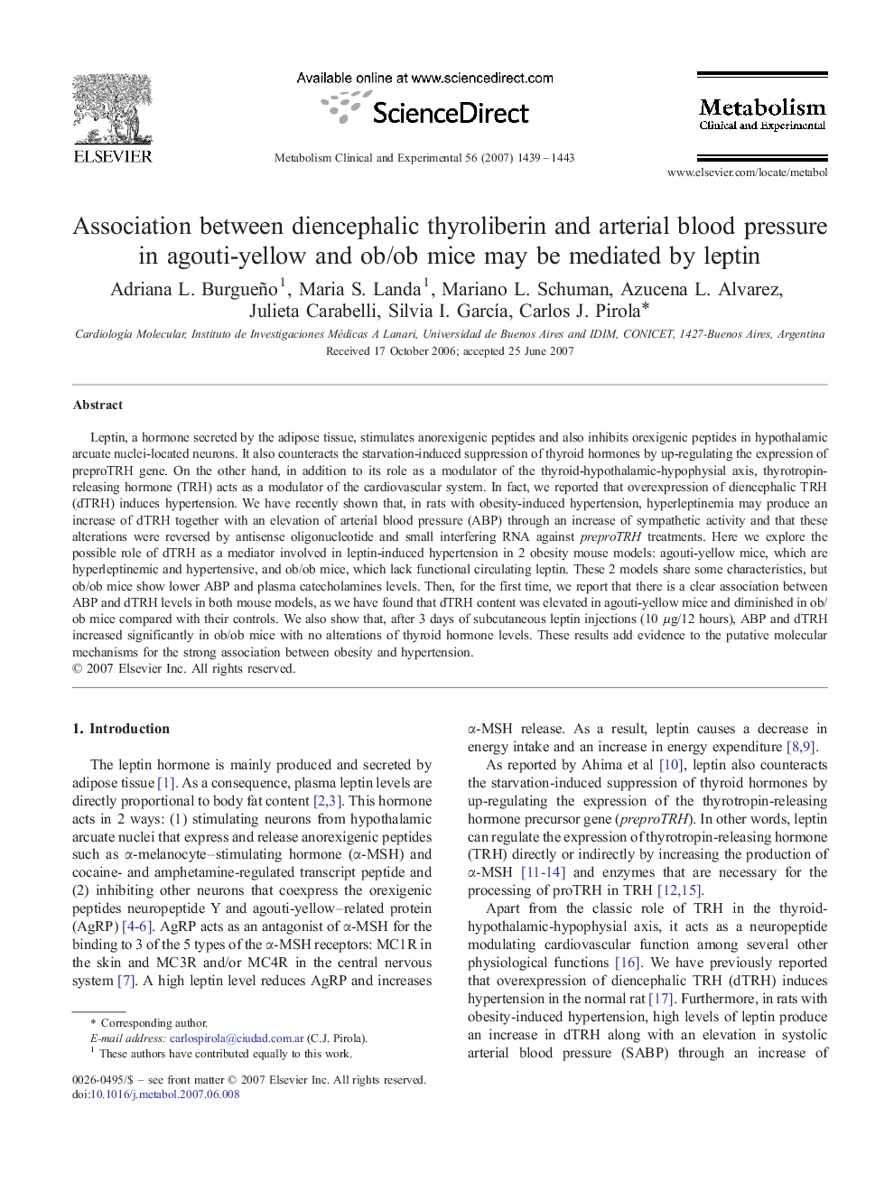 Association between diencephalic thyroliberin and arterial blood pressure in agouti-yellow and ob/ob mice may be mediated by leptin