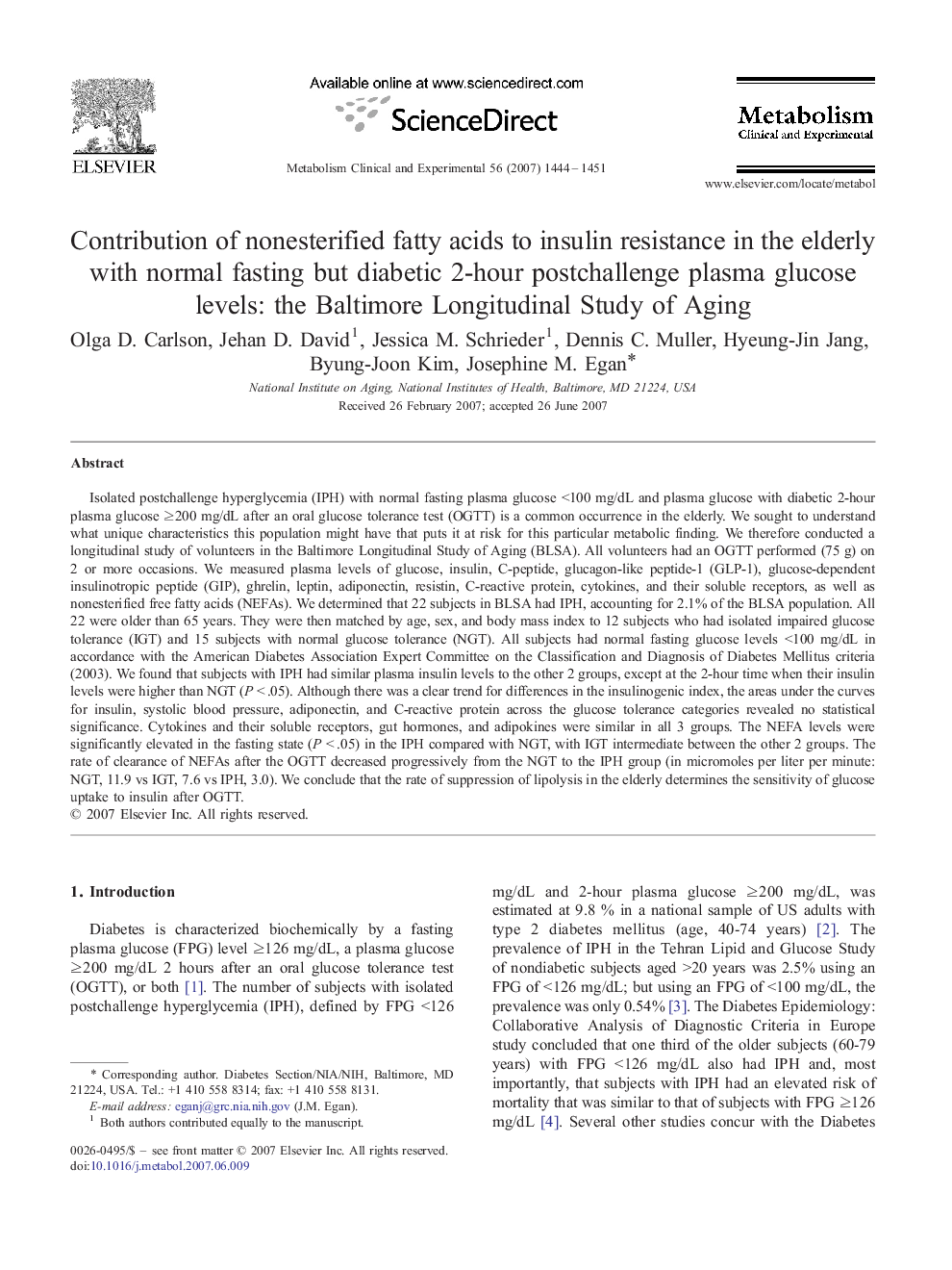 Contribution of nonesterified fatty acids to insulin resistance in the elderly with normal fasting but diabetic 2-hour postchallenge plasma glucose levels: the Baltimore Longitudinal Study of Aging