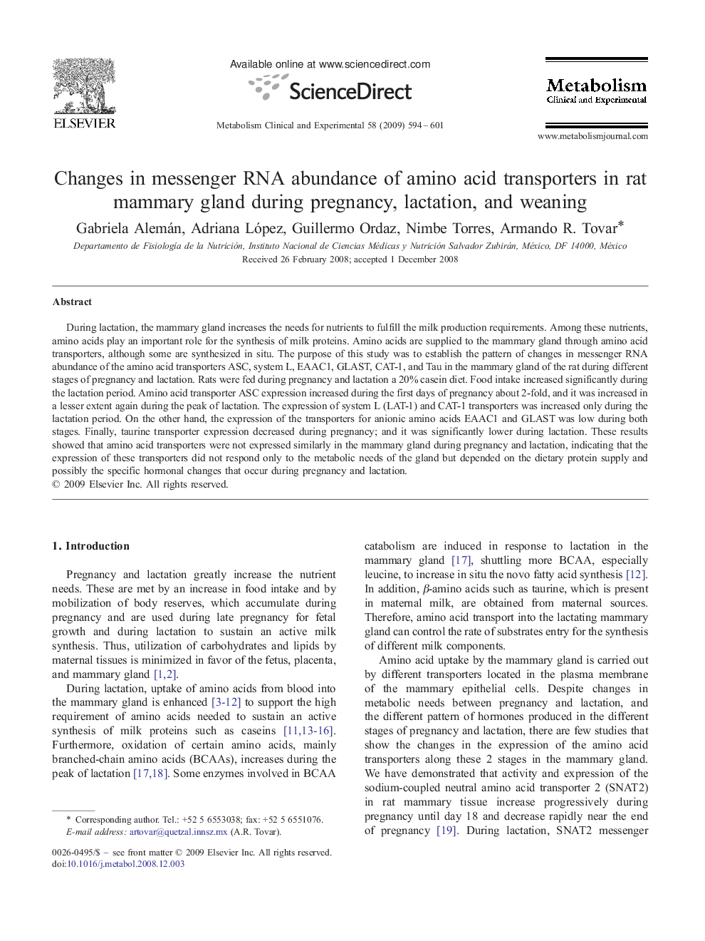 Changes in messenger RNA abundance of amino acid transporters in rat mammary gland during pregnancy, lactation, and weaning