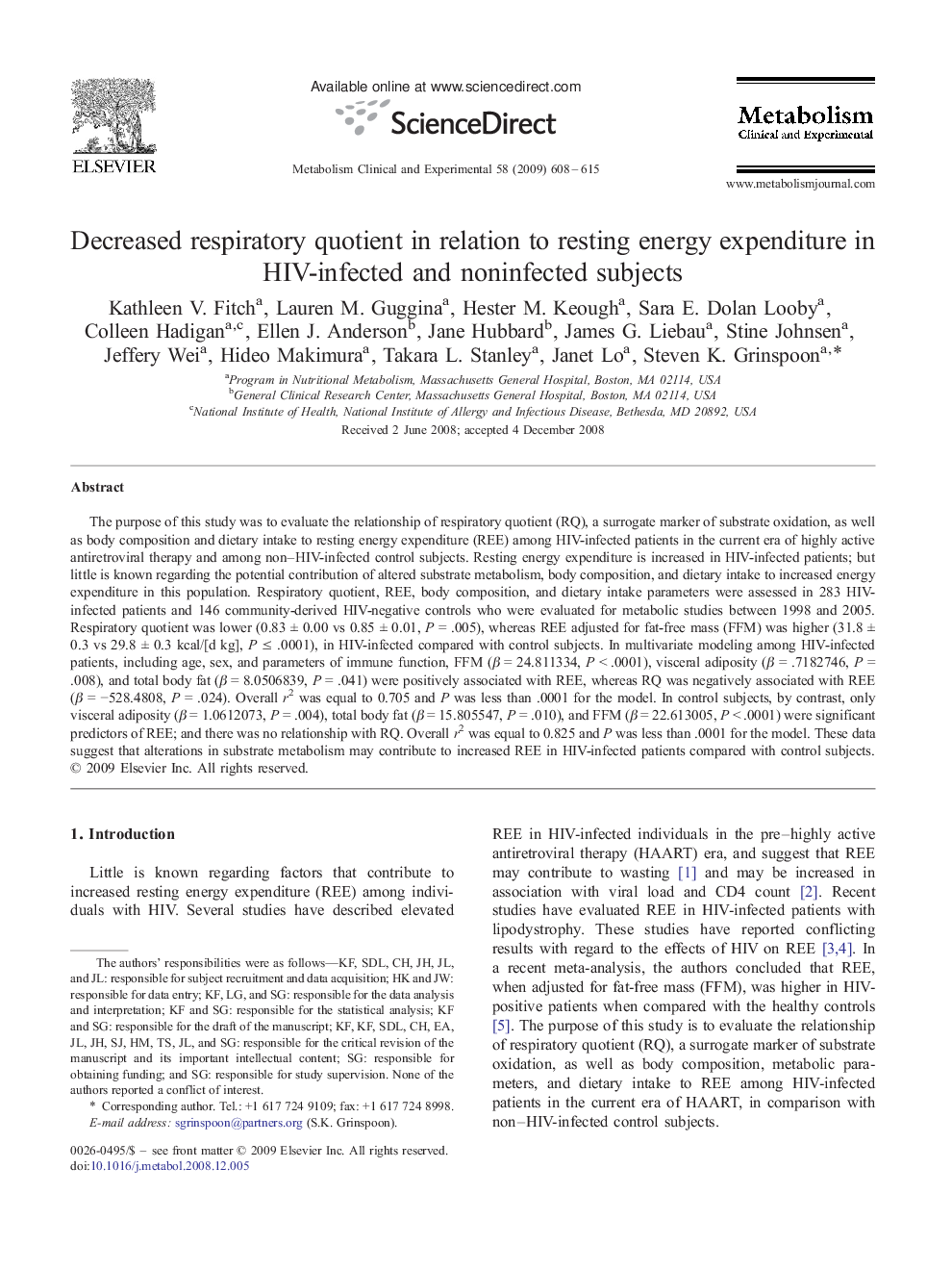 Decreased respiratory quotient in relation to resting energy expenditure in HIV-infected and noninfected subjects 